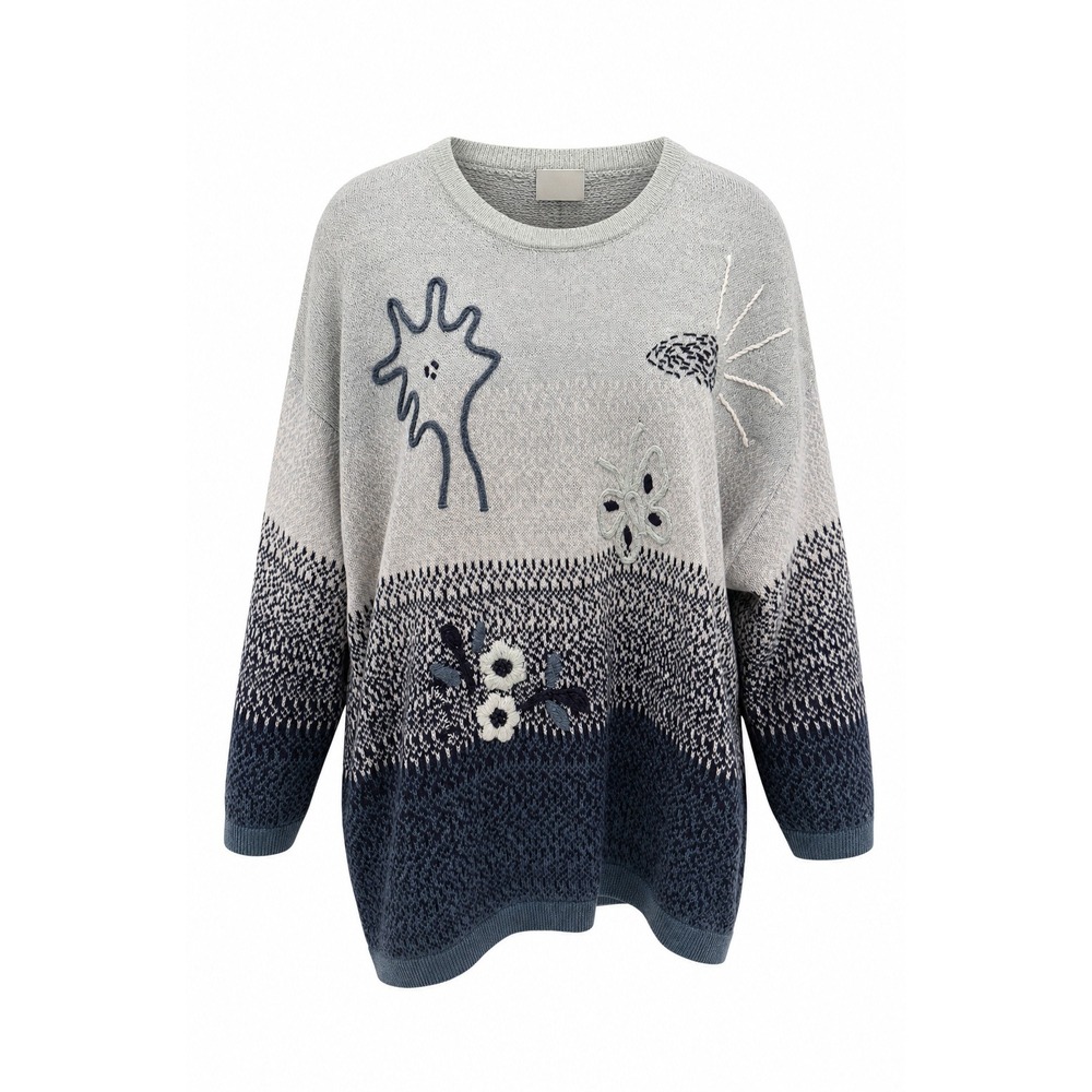 New Fast Embroidered Ombre Sweater Womens Large Blue Whimsy Knit‎ Artsy Cottage